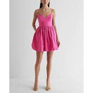 Hot Pink Bubble Hem Dress Spaghetti Strap V Neck A Line Mini Fun Flirty size